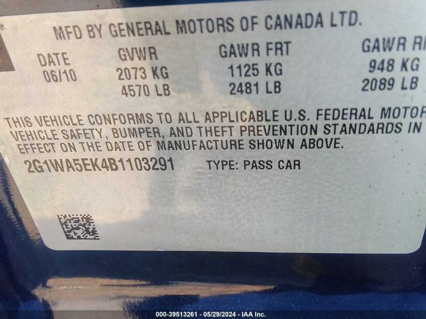 2011 Chevrolet Impala Ls VIN: 2G1WA5EK4B1103291 Lot: 39513261