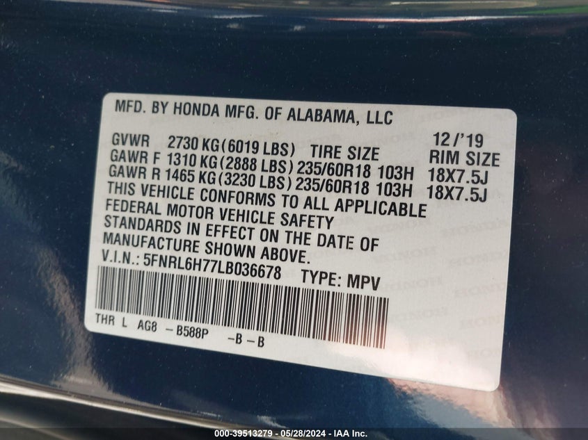 2020 Honda Odyssey Ex-L/Ex-L W/Navi Res VIN: 5FNRL6H77LB036678 Lot: 39513279