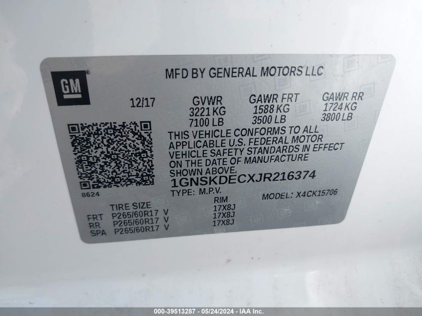 2018 Chevrolet Tahoe Commercial VIN: 1GNSKDECXJR216374 Lot: 39513287