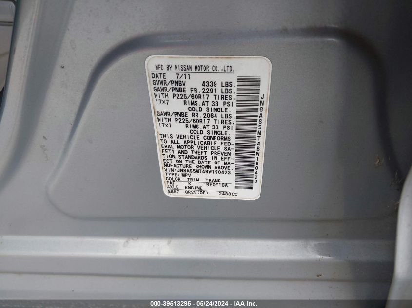 2011 Nissan Rogue Sv VIN: JN8AS5MT4BW190423 Lot: 39513295