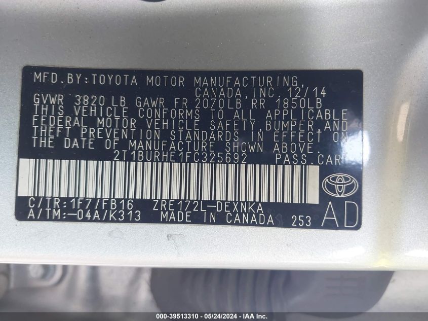 2015 Toyota Corolla Le VIN: 2T1BURHE1FC325692 Lot: 39513310