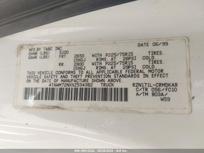 1999 Toyota Tacoma VIN: 4TAWM72NXXZ534382 Lot: 39513324