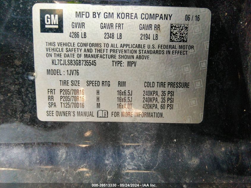 2016 Chevrolet Trax Lt VIN: KL7CJLSB3GB735545 Lot: 39513330