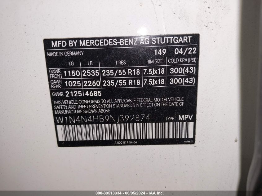 2022 Mercedes-Benz Gla 250 4Matic VIN: W1N4N4HB9NJ392874 Lot: 39513334