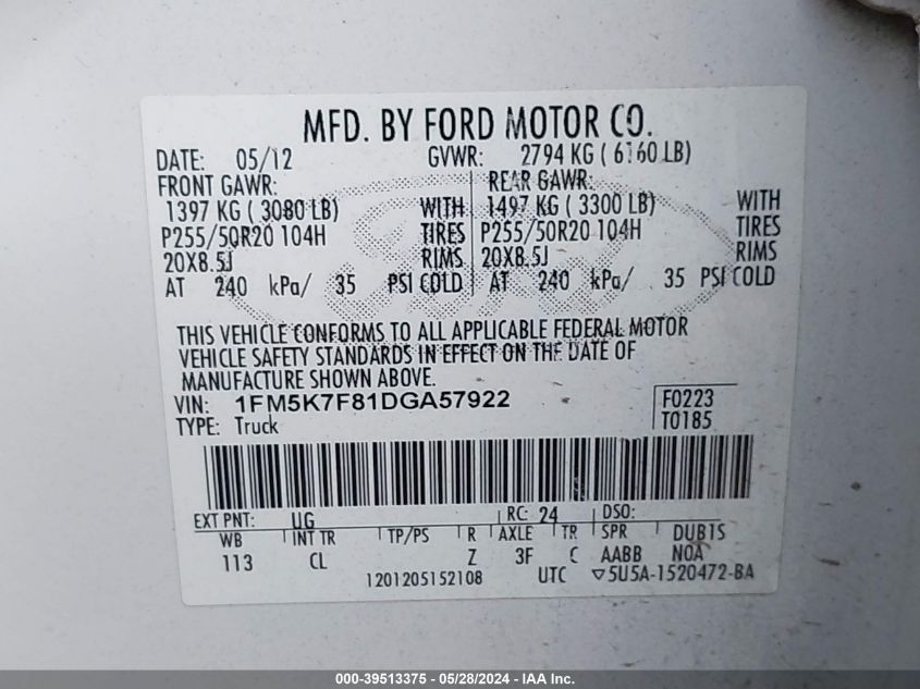 2013 Ford Explorer Limited VIN: 1FM5K7F81DGA57922 Lot: 39513375