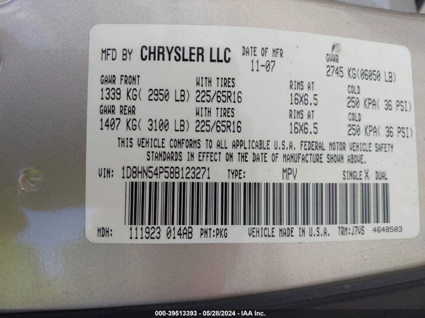 2008 Dodge Grand Caravan Sxt VIN: 1D8HN54P58B123271 Lot: 39513393