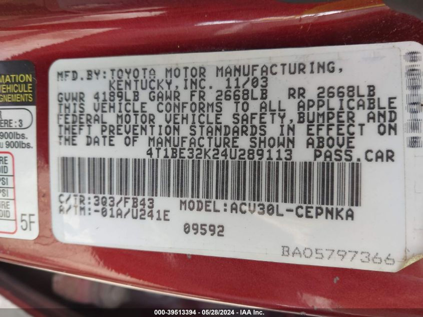 2004 Toyota Camry Le VIN: 4T1BE32K24U289113 Lot: 39513394