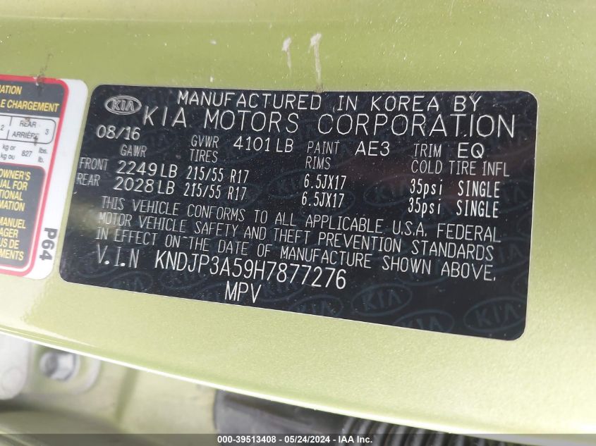 2017 Kia Soul + VIN: KNDJP3A59H7877276 Lot: 39513408