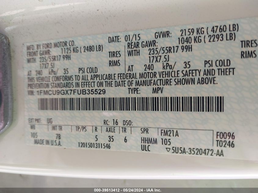 2015 Ford Escape Se VIN: 1FMCU9GX7FUB35529 Lot: 39513412