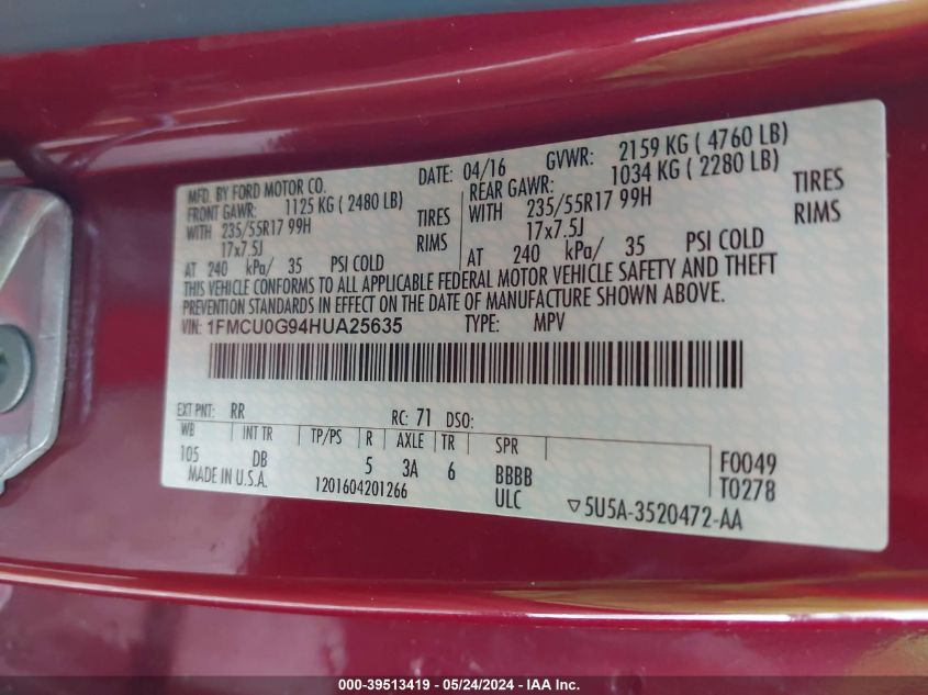 2017 Ford Escape Se VIN: 1FMCU0G94HUA25635 Lot: 39513419