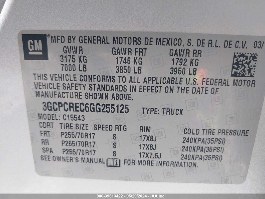 2016 Chevrolet Silverado 1500 1Lt VIN: 3GCPCREC6GG255125 Lot: 39513422