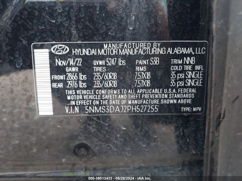 2023 Hyundai Santa Fe Sel Premium VIN: 5NMS3DAJ2PH527255 Lot: 39513433