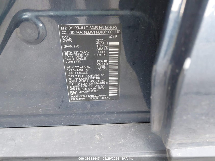 2016 Nissan Rogue Sv VIN: KNMAT2MV2GP722925 Lot: 39513447