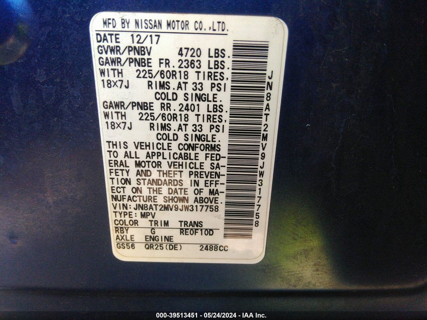 2018 Nissan Rogue Sl VIN: JN8AT2MV9JW317758 Lot: 39513451