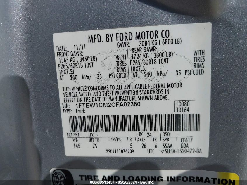 2012 Ford F150 Supercrew VIN: 1FTEW1CM2CFA02360 Lot: 39513457