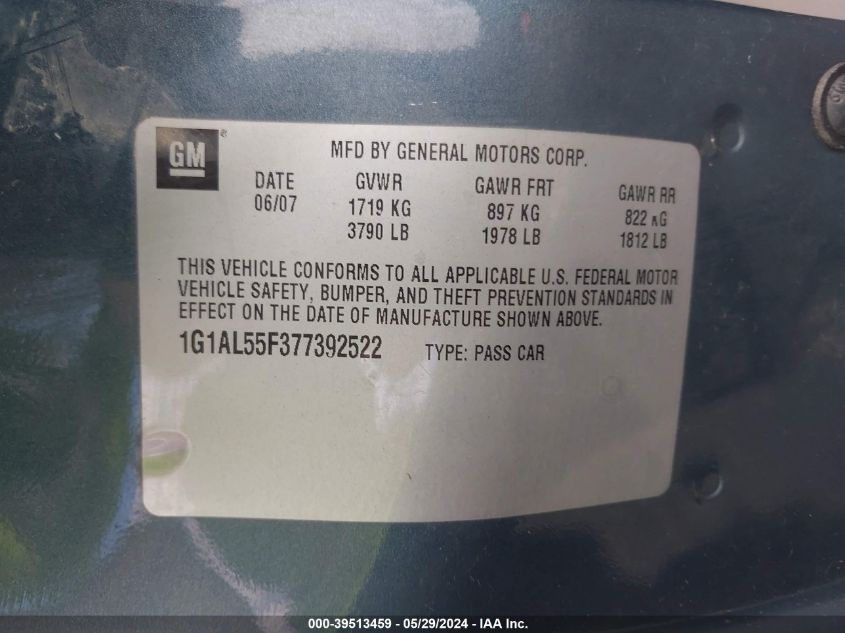2007 Chevrolet Cobalt Lt VIN: 1G1AL55F377392522 Lot: 39513459