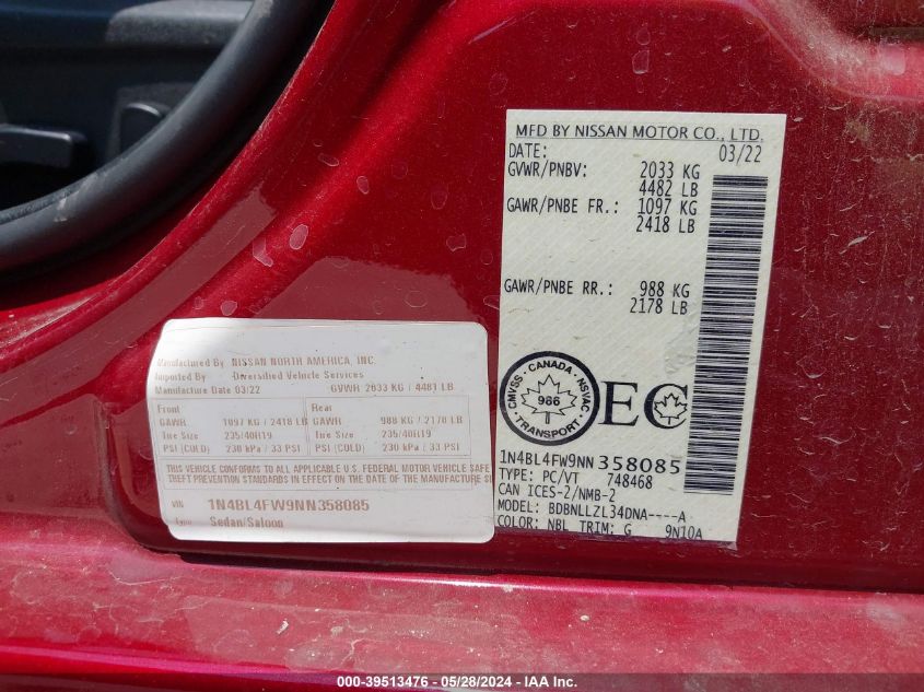 2022 Nissan Altima Platinum Intelligent Awd VIN: 1N4BL4FW9NN358085 Lot: 39513476