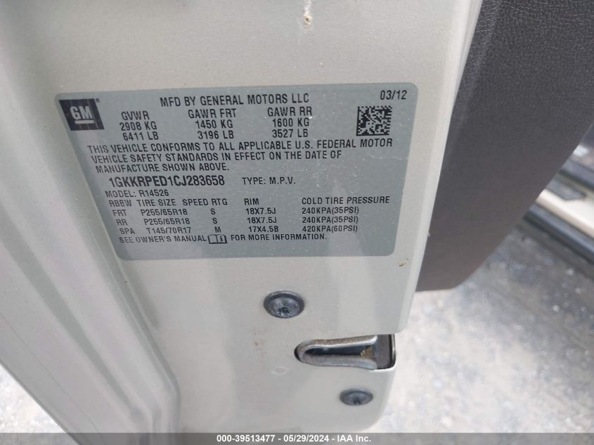 2012 GMC Acadia Sle VIN: 1GKKRPED1CJ283658 Lot: 39513477