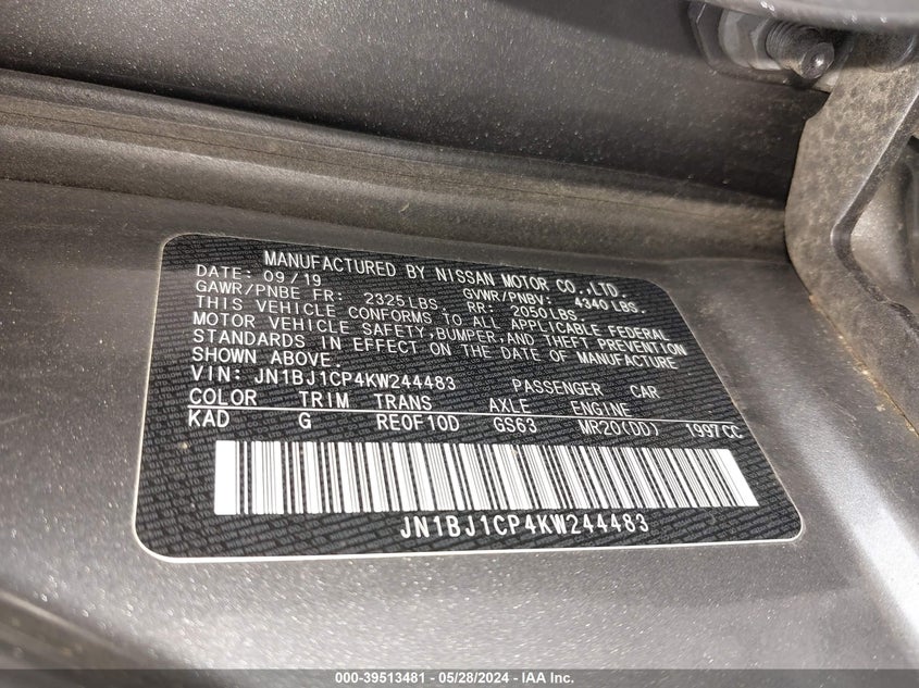 2019 Nissan Rogue Sport Sv VIN: JN1BJ1CP4KW244483 Lot: 39513481