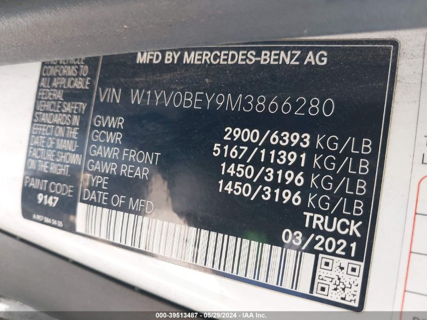 2021 Mercedes-Benz Metris VIN: W1YV0BEY9M3866280 Lot: 39513487