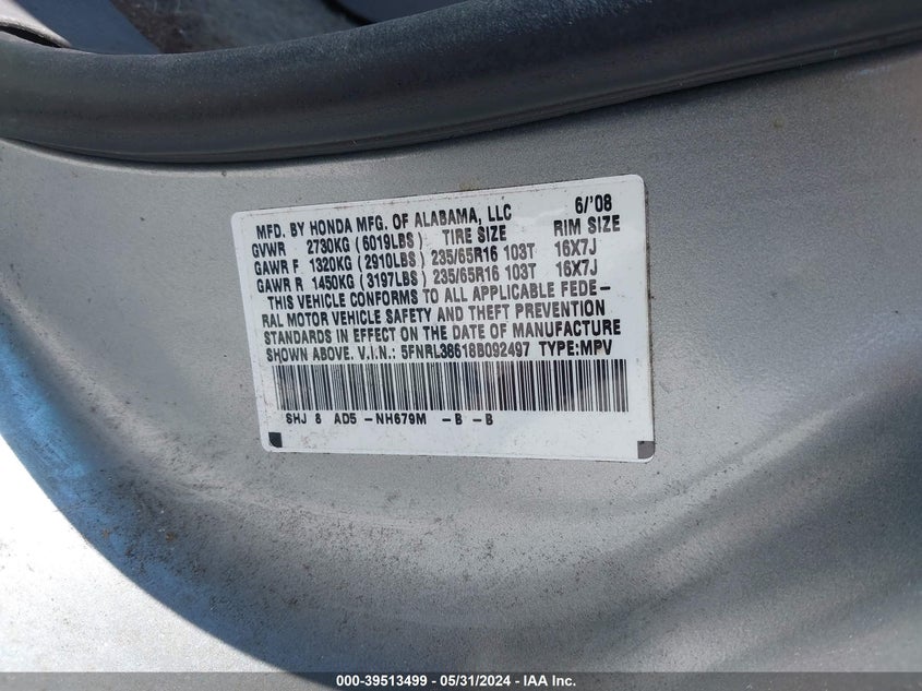 2008 Honda Odyssey Ex-L VIN: 5FNRL38618B092497 Lot: 39513499