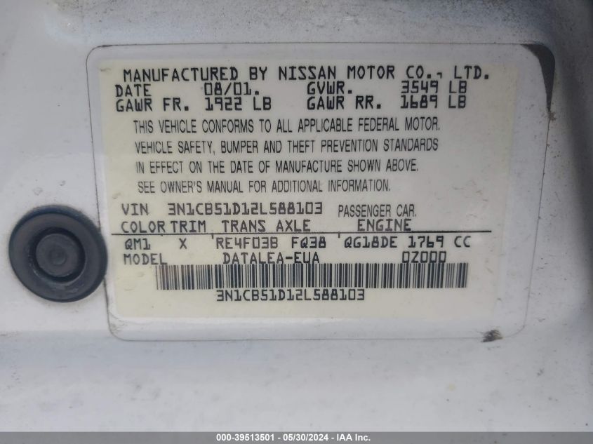 2002 Nissan Sentra Gxe VIN: 3N1CB51D12L588103 Lot: 39513501