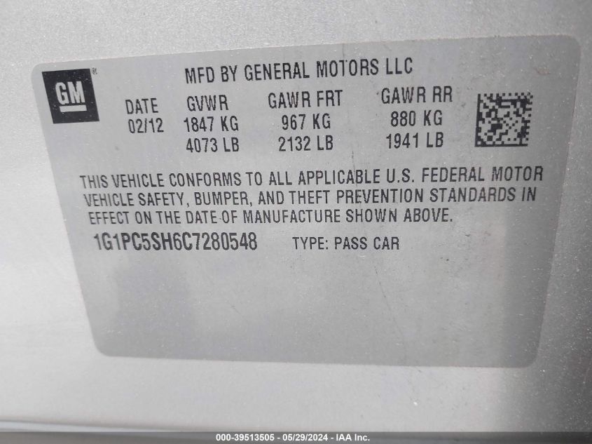 2012 Chevrolet Cruze Ls VIN: 1G1PC5SH6C7280548 Lot: 39513505