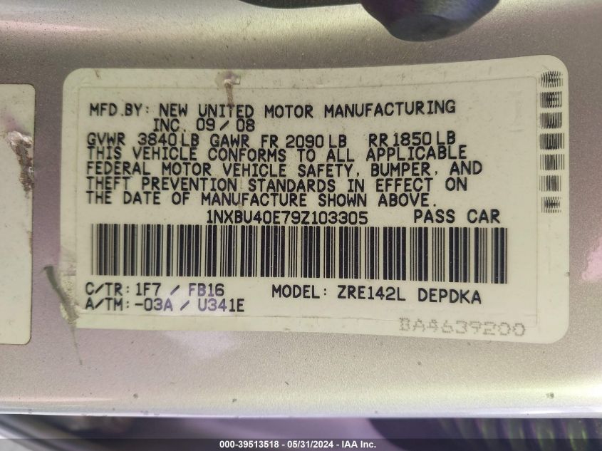 2009 Toyota Corolla Le VIN: 1NXBU40E79Z103305 Lot: 39513518