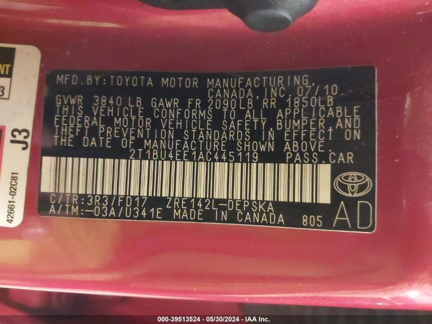 2010 Toyota Corolla S VIN: 2T1BU4EE1AC445119 Lot: 39513524