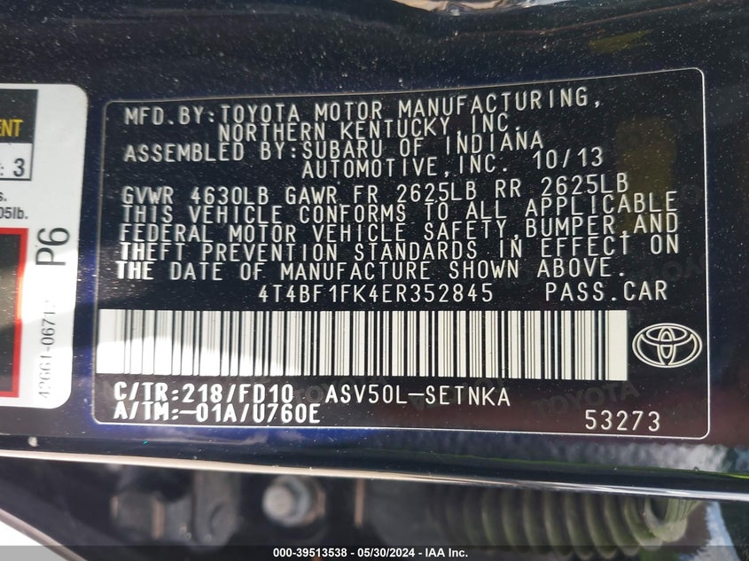 2014 Toyota Camry Le VIN: 4T4BF1FK4ER352845 Lot: 39513538