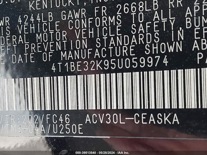 2005 Toyota Camry Se VIN: 4T1BE32K95U059974 Lot: 39513540