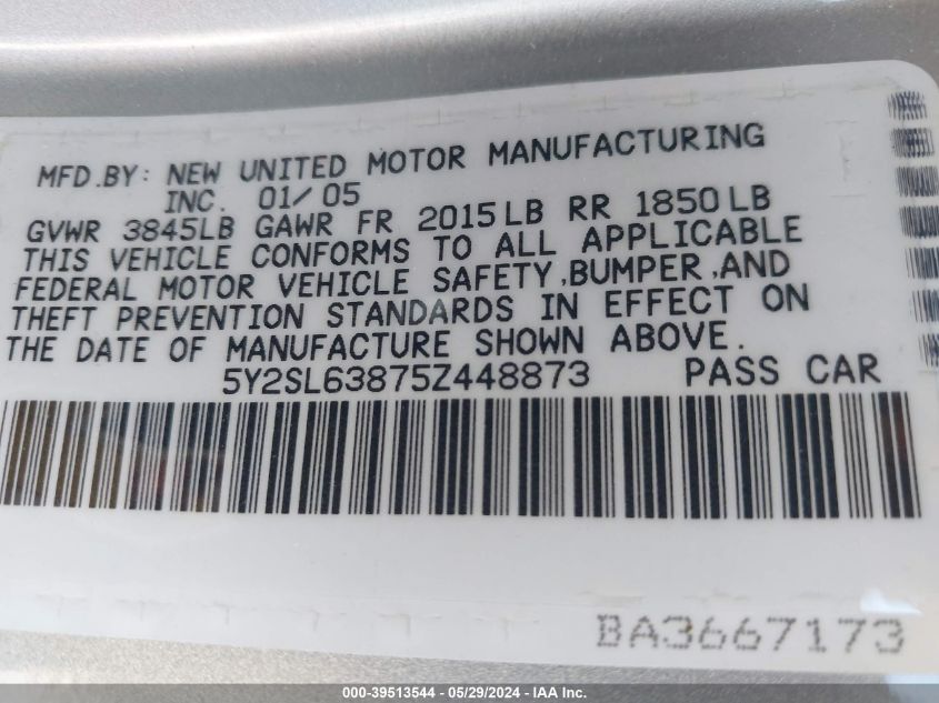 2005 Pontiac Vibe VIN: 5Y2SL63875Z448873 Lot: 39513544