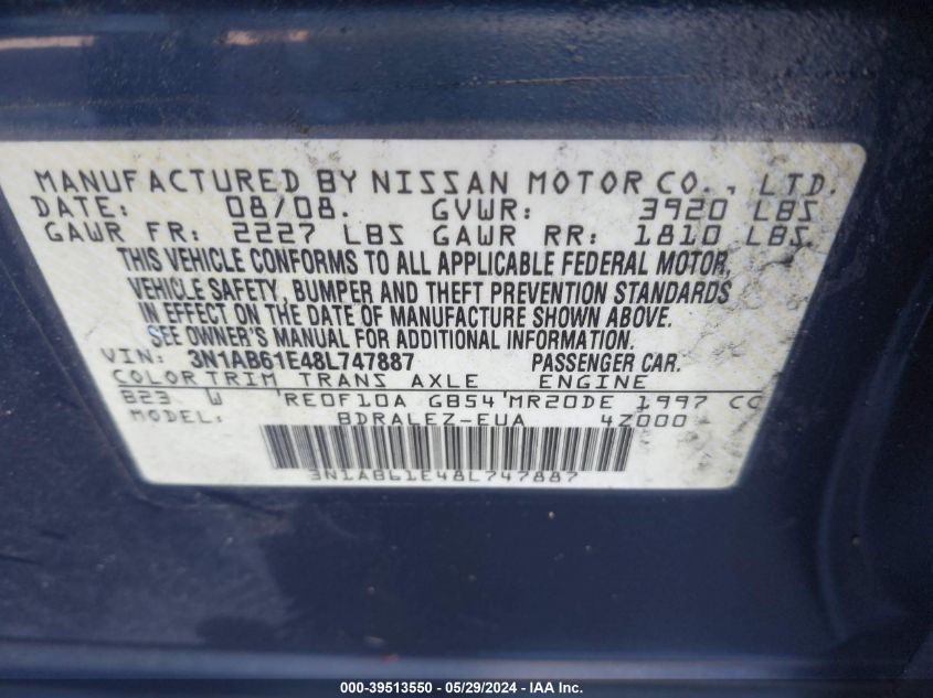 2008 Nissan Sentra 2.0S VIN: 3N1AB61E48L747887 Lot: 39513550