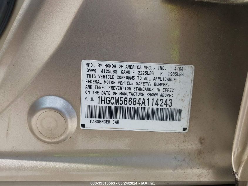 2004 Honda Accord 2.4 Ex VIN: 1HGCM56684A114243 Lot: 39513563