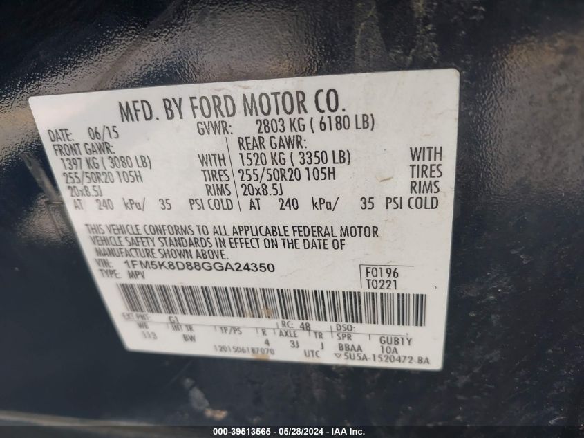 2016 Ford Explorer Xlt VIN: 1FM5K8D88GGA24350 Lot: 39513565