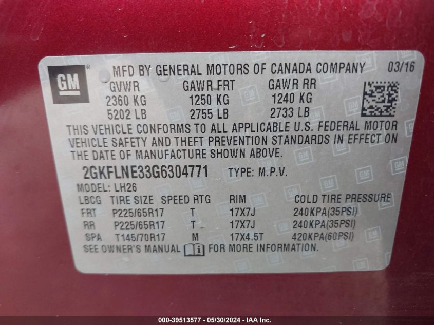 2016 GMC Terrain Sle-2 VIN: 2GKFLNE33G6304771 Lot: 39513577