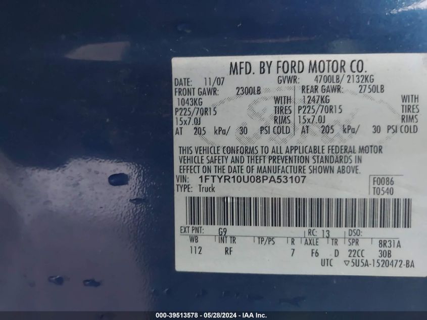 2008 Ford Ranger Sport/Xl/Xlt VIN: 1FTYR10U08PA53107 Lot: 39513578