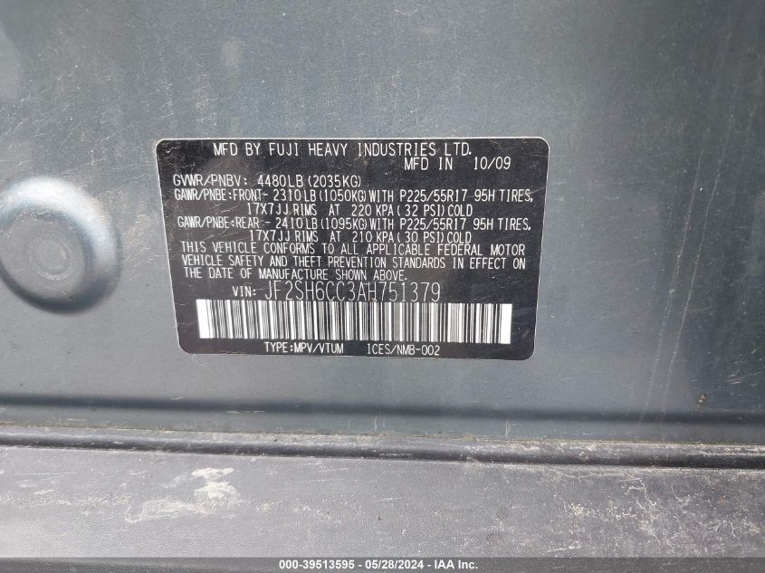 2010 Subaru Forester 2.5X Premium VIN: JF2SH6CC3AH751379 Lot: 39513595