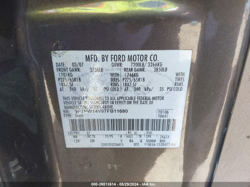 2007 Ford F-150 Fx4/Lariat/Xlt VIN: 1FTPW14V97FB11680 Lot: 39513614