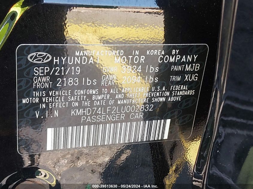 2020 Hyundai Elantra Se VIN: KMHD74LF2LU002832 Lot: 39513630