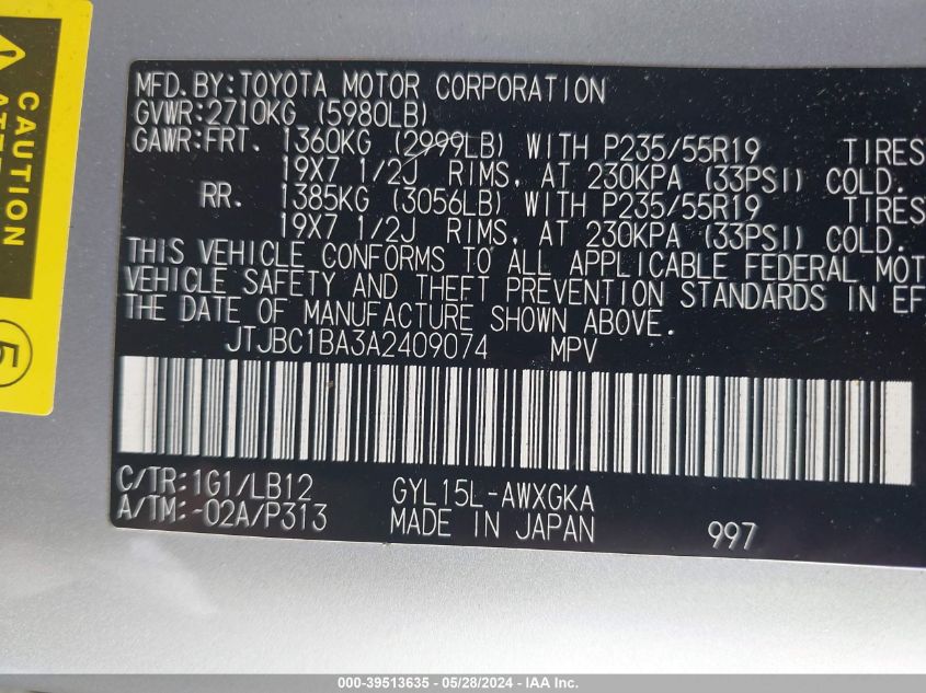 2010 Lexus Rx 450H VIN: JTJBC1BA3A2409074 Lot: 39513635