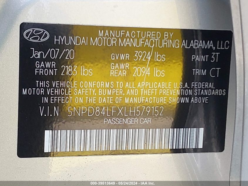 2020 Hyundai Elantra Sel VIN: 5NPD84LFXLH579152 Lot: 39513649