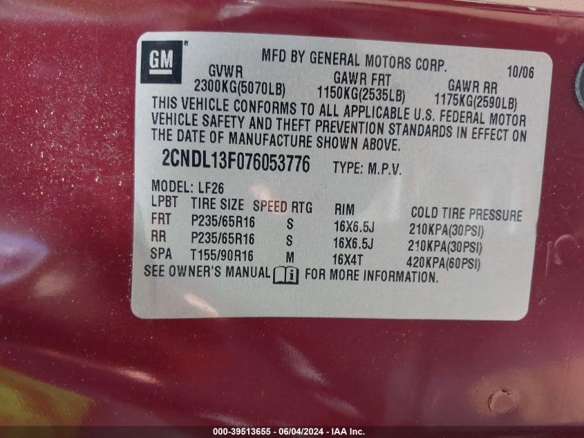 2007 Chevrolet Equinox Ls VIN: 2CNDL13F076053776 Lot: 39513655