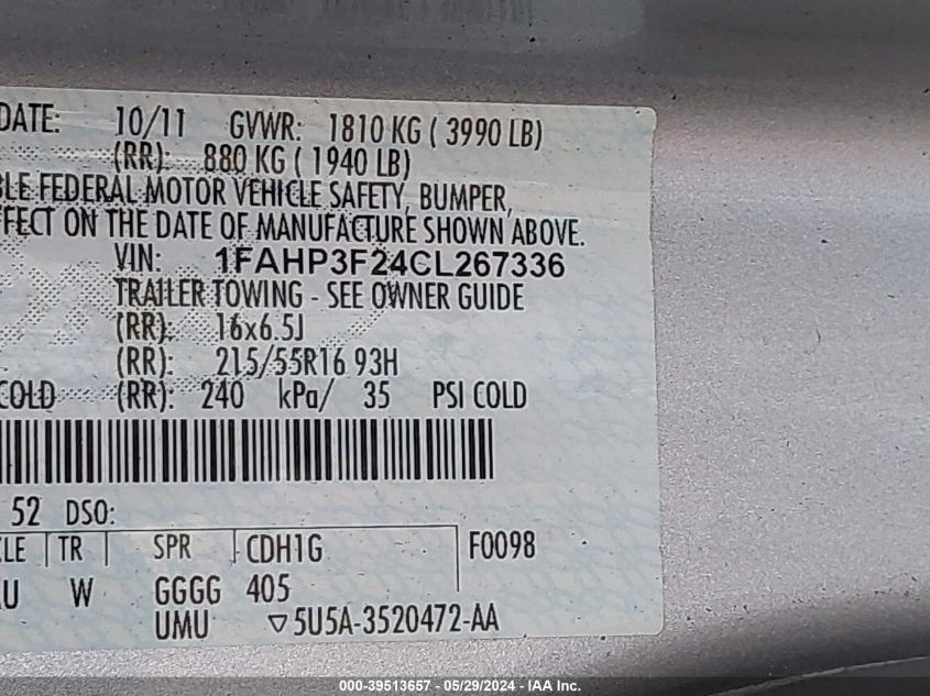 2012 Ford Focus Se VIN: 1FAHP3F24CL267336 Lot: 39513657