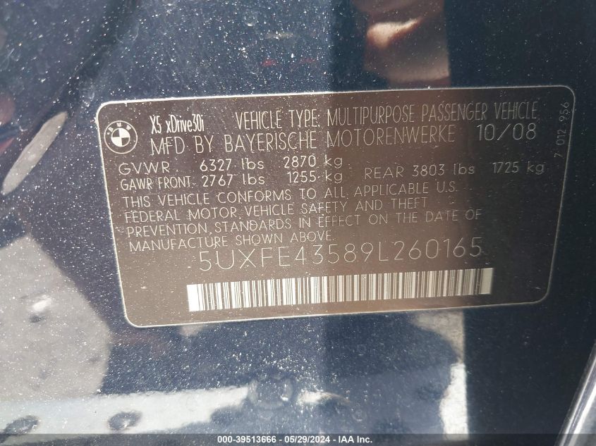 2009 BMW X5 xDrive30I VIN: 5UXFE43589L260165 Lot: 39513666