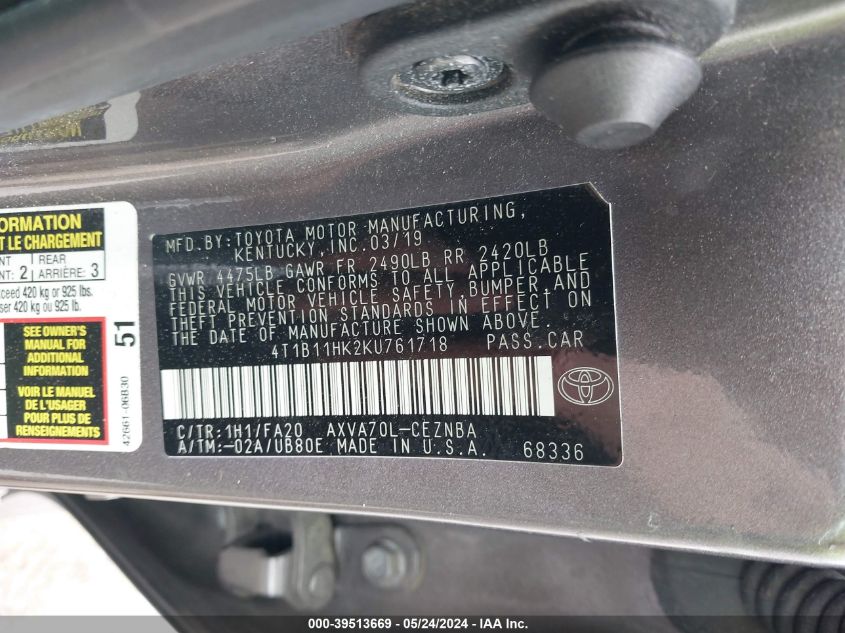 2019 Toyota Camry Le VIN: 4T1B11HK2KU761718 Lot: 39513669