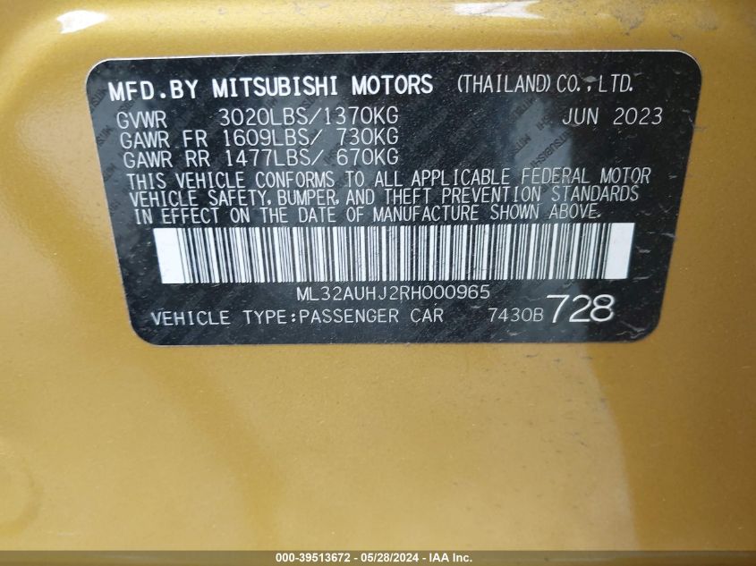 2024 Mitsubishi Mirage Es VIN: ML32AUHJ2RH000965 Lot: 39513672