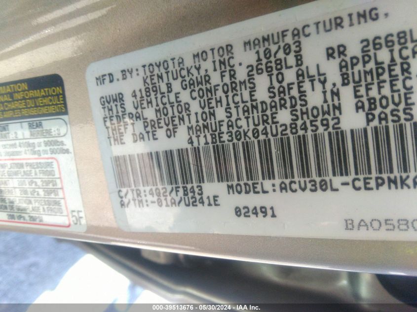 2004 Toyota Camry Le VIN: 4T1BE30K04U284592 Lot: 39513676