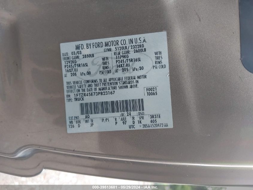 2003 Ford Ranger Edge/Xlt VIN: 1FTZR45E73PB23167 Lot: 39513681