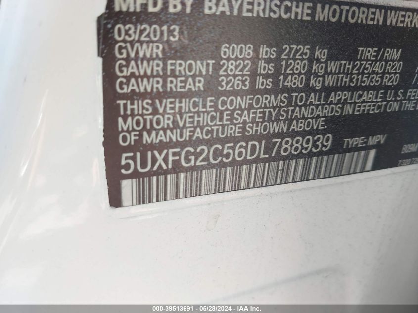 2013 BMW X6 xDrive35I VIN: 5UXFG2C56DL788939 Lot: 39513691